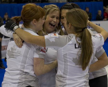 Team Jones celebrates its victory on Saturday at the Tim Hortons Roar of the Rings. (Photo, CCA/Michael Burns)