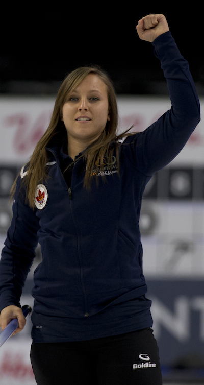 Team North America's Rachel Homan is happy after making a big shot against Team World on Sunday. (Photo, CCA/Michael Burns)