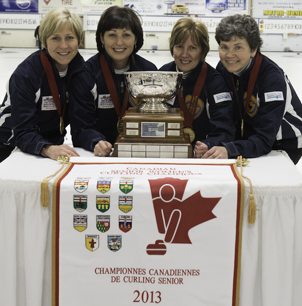 Defending champions, from left, skip Colleen Pinkney, third Wendy Currie, second Shelley MacNutt and lead Susan Creelman from Nova Scotia will open play Saturday in the 2014 Canadian Senior Men's and Women's Curling Championships in Yellowknife. (Photo, CCA)