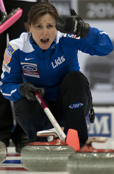 Team United States skip Allison Pottinger shouts instructions to sweepers. (Photo, CCA/Michael Burns)