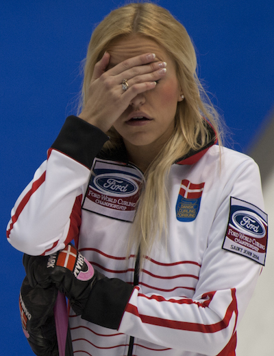Denmark skip Madeleine Dupont can't bear to watch during Monday's loss to Switzerland. (Photo, CCA/Michael Burns)