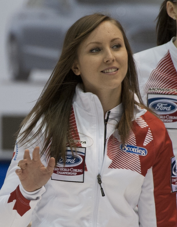 Team Canada skip Rachel Homan waves to the crowd after her team's win on Tuesday. (Photo, CCA/Michael Burns)