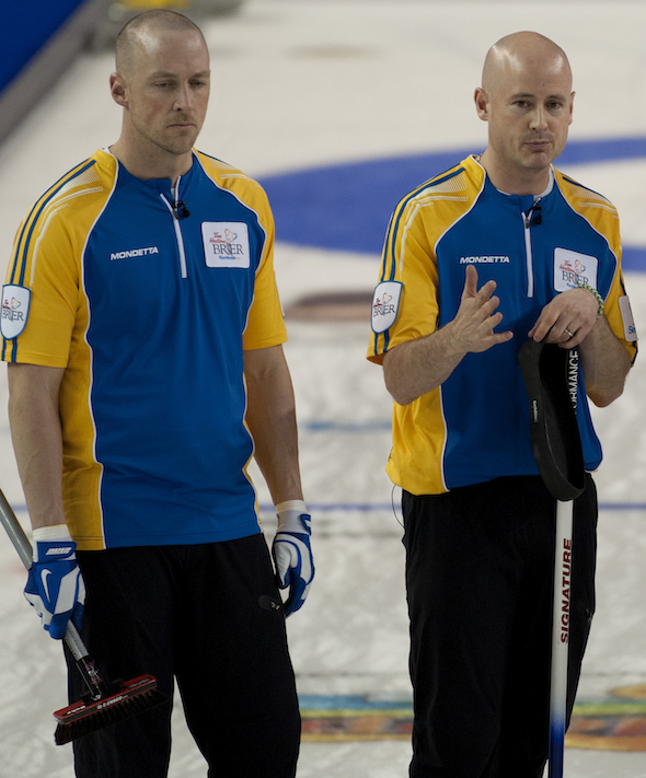 Nolan Thiessen, left, and Kevin Koe won a Canadian championship together last March, but this coming season they'll be on different teams, both hoping for a second straight win at the Tim Hortons Brier. (Photo, CCA/Michael Burns)