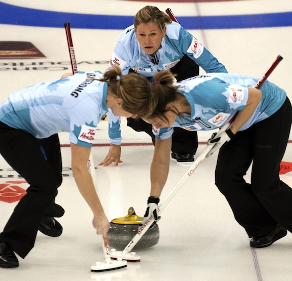 Skip Sherry Middaugh, top, along with teammates Leigh Armstrong, left, Lee Merklinger, and Jo-Ann Rizzo (not shown) will be looking for CTRS points this weekend in Saskatoon. (Photo, CCA/Michael Burns)