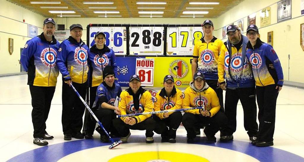 The curlers, after 288 ends: (left to right) Bill Pearce, Perry Marshall, Corrine Bertolo,  Andrew Vanbodegom, Stephen Collins, Lauren Grealy, Amanda Pearce, Michael Foster, Jeff Vanbodegom, Brittany Pearce (Photo Clarissa Yahn)