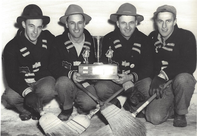 The curling Campbell brothers in 1947 (l-r): Garnet, Lloyd, Glen, Gordon. (Photo courtesy Campbell family)