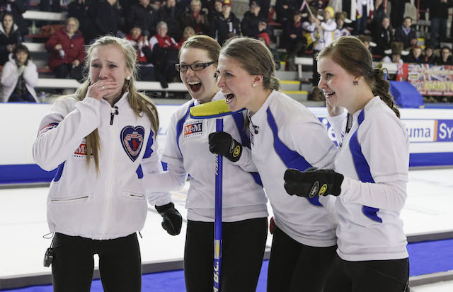 Team B.C. celebrates on the ice immediately after winning the women’s event at the 2013 M&M Meat Shops Canadian Junior Curling Championships: (L-R) skip Corryn Brown, second Sam Fisher, third Erin Pincott, lead Sydney Fraser (CCA Photo)