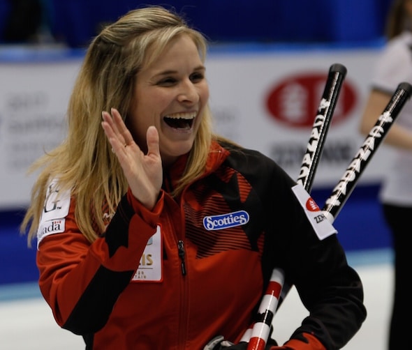 Jennifer Jones waves to fans after her team's win on Tuesday night. (Photo, WCF/Richard Gray)