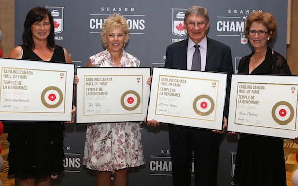 2015 Curling Canada Hall of Fame inductees, from left, Mary-Anne Arsenault, Kim Kelly, Warren Hansen and Nancy Delahunt. (Photo, Curling Canada/Neil Valois)
