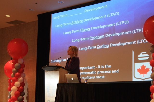 Helen Radford explains the Long-Term Athlete Development program in Monday’s opening session at the Curling Canada Summit 2015 in Collingwood, Ont. (Photo Curling Canada/Brian Chick)