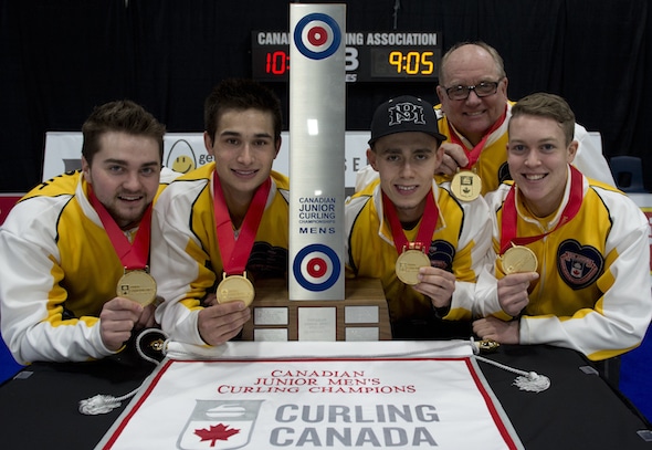 Your Canadian junior men's champs, from left, Matt Dunstone, Colton Lott, Kyle Doering, coach Calvin Edie and Rob Gordon. (Photo, Curling Canada/Michael Burns)