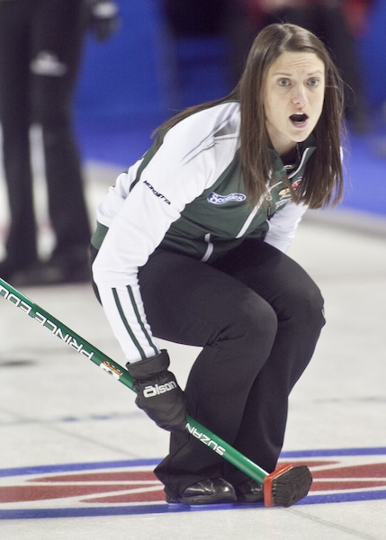 Team PEI skip Suzanne Birt watches her shot into the house during the 7th draw at The 2013 Scotties Tournament of Hearts, February 16-24, Kingston Onatrio, The Canadian Womans Curling Championship.