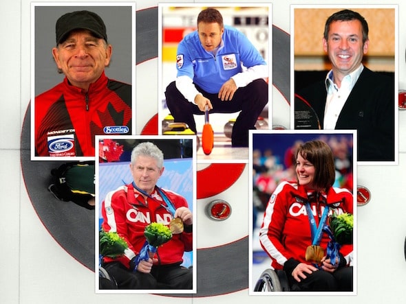 The five newest members of the Canadian Curling Hall of Fame, clockwise from top left, Earle Morris, Pierre Charette, Bob Weeks, Ina Forrest and Darryl Neighbour.