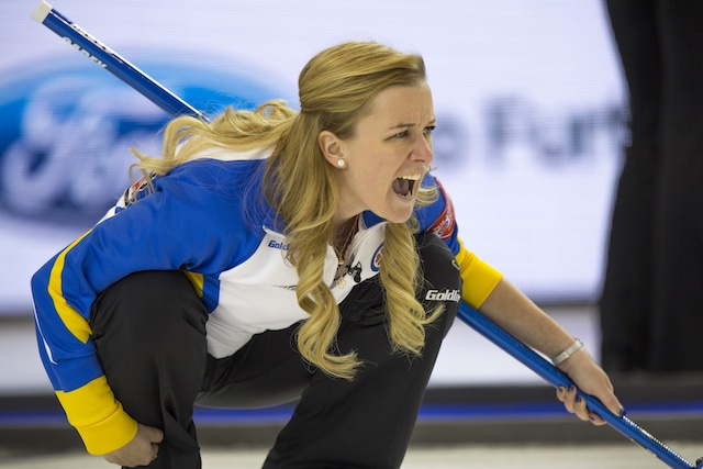Team Alberta skip Chelsea Carey in draw one action at the 2016 Scotties Tournament of Hearts, the Canadian Womens Curling Championships, Grande Praire, Alberta