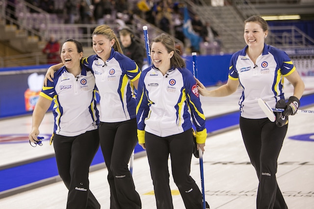 Team BC, Skip: Karla Thompson Third: Kristen Recksiedler Second: Tracey Lavery Lead: Trysta Vandale in a big win at the 2016 Scotties Tournament of Hearts, the Canadian Womens Curling Championships, Grande Praire, Alberta