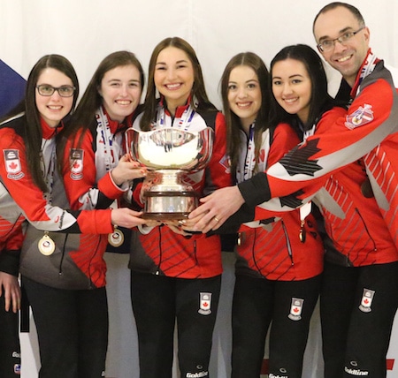 2016 VoIP World Junior Women's champs, from left, Mary Fay, Kristin Clarke, Karlee Burgess, Janique LeBlanc, Sarah Daniels, Andrew Atherton. (Photo, World Curling Federation/Richard Gray)