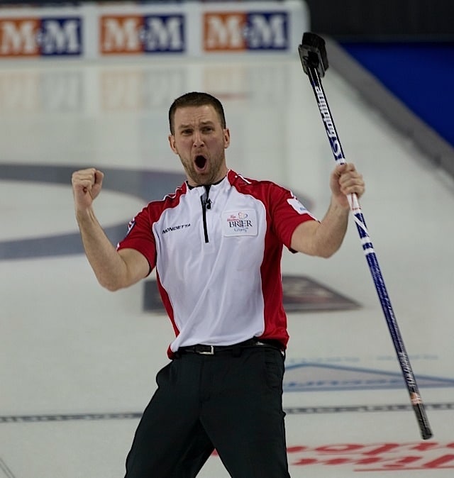 Brad Gushue reacts after making a raise double in the 10th end final stone to defeat Alberta 8-7 in draw 11 of the 2015 Tim Hortons Brier in Calgary (Curling Canada/Michael Burns photo)