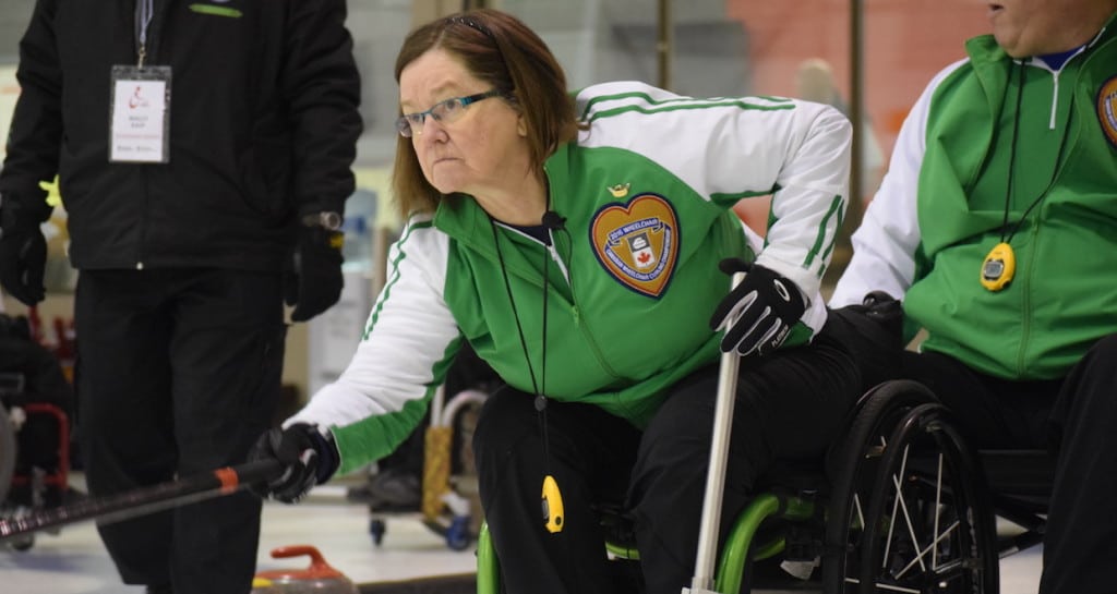 Saskatchewan third Marie Wright in action at the 2016 Canadian Wheelchair Curling Championship in Regina (Curling Canada/Morgan Daw photo)