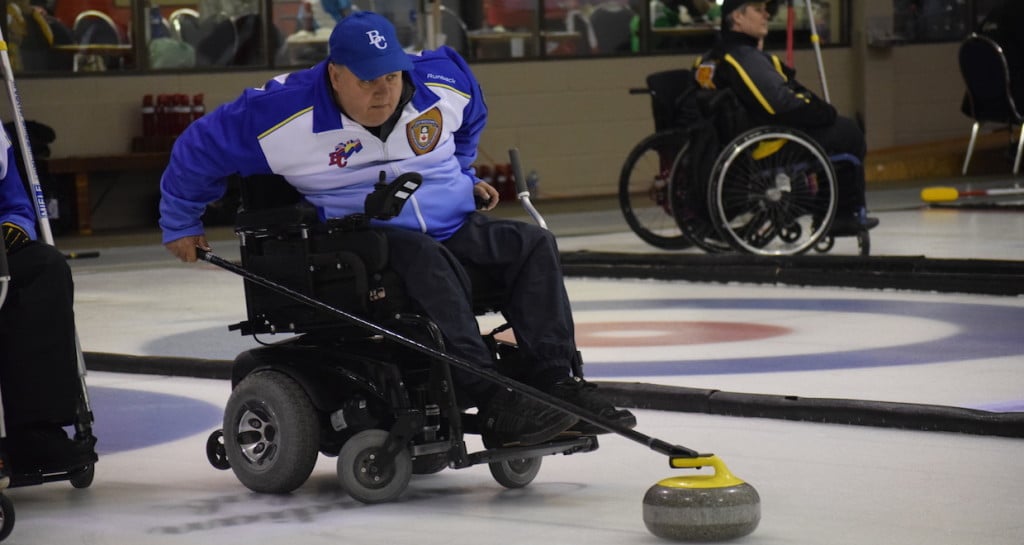 BC skip Frank Labounty delivers his stone at the 2016 Canadian Wheelchair Curling Championship (Curling Canada/Morgan Daw photo)