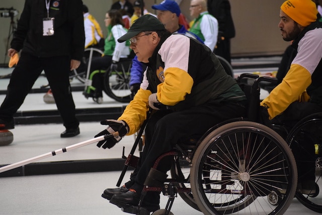 Northern Ontario third Gino Sonego in action at the 2016 Canadian Wheelchair Championship in Regina (Curling Canada/Morgan Daw photo)