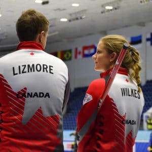 There’s lots to smile about as third Sarah Wilkes and skip Mick Lizmore help Team Canada to another win at the Kazan Sports Palace on Monday (Photo, World Curling Federation/Alina Androsova)