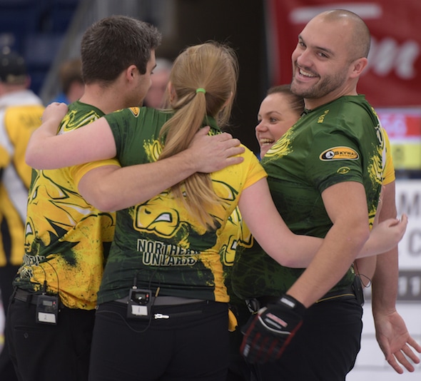 Team Northern Ontario celebrates its gold medal on Saturday at the 2017 Canadian Mixed Curling Championship. (Photo, Curling Canada/Clifton Saulnier)