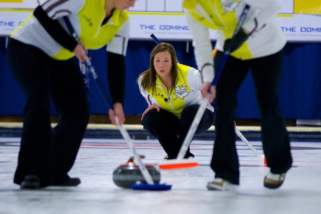 Stacey Fordyce watches her sweepers in the final of The Dominion Curling Club Championship in Thunder Bay, Ont. (Photo Anil Mungal)