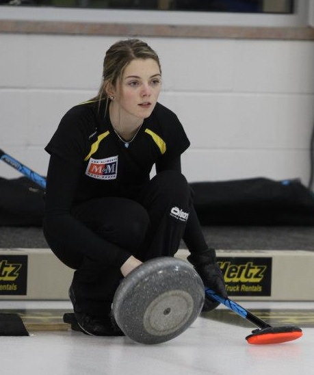 Cathlia Ward gets ready to throw her rock at the 2013 M&M Meat Shops Canadian Junior Curling Championships in Fort McMurray, Alta.