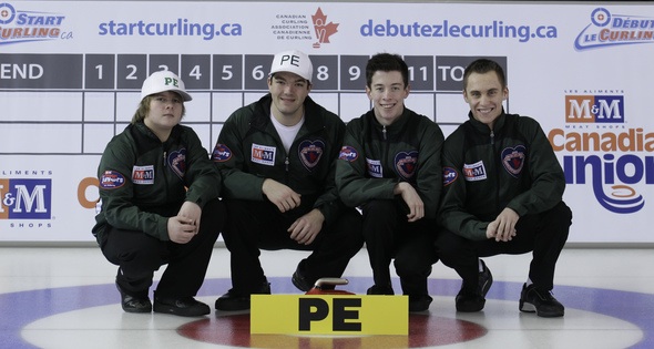 Team PEI at the 2013 M&M Meat Shops Junior Curling Championship in Fort McMurray: Tyler Smith, Alex Sutherland, Alex Jenkins and Jonathan Schut (CCA Photo)
