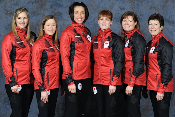 Team Canada, from left, Jennifer Jones, Kaitlyn Lawes, Jill Officer, Dawn McEwen, Kirsten Wall and coach Janet Arnott. (Photo, Denis Drever Photography)