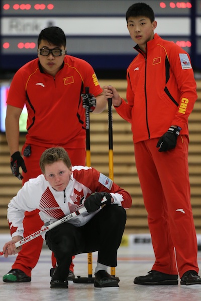 Braden Calvert calls the line against China in Day 3 action at the World Junior Curling Championships in Flims, Switzerland (Photo WCF/Richard Gray)