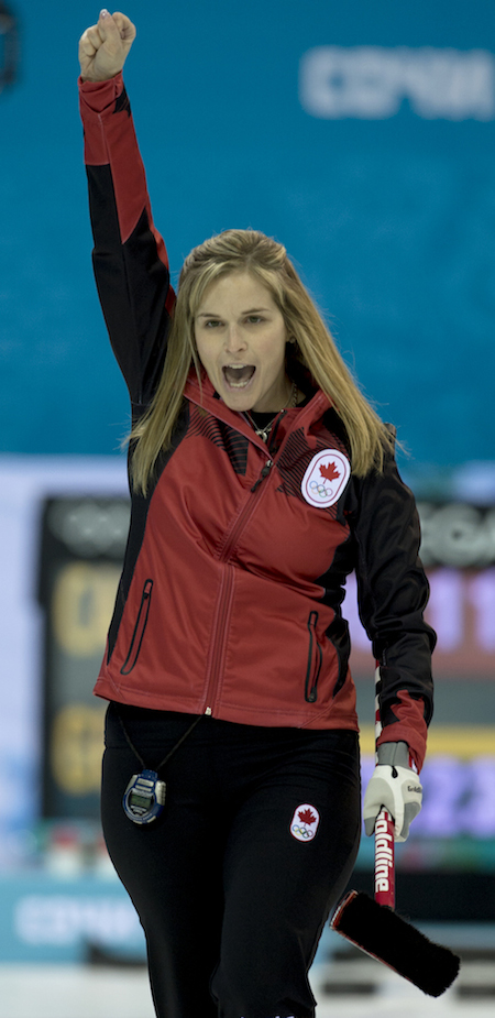 Team Canada skip Jennifer Jones celebrates one of her shots during Wednesday's win over Great Britain. (Photo, CCA/Michael Burns)