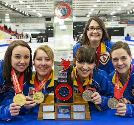 The Canadian junior women's team, from left,Kelsey Rocque, Keely Brown, Taylor McDonald, coach Amanda-Dawn Coderre, Claire Tully. Missing, alternate Alison Kotylak and team leader Andrea Ronneback. (Photo, CCA/Mark O'Neill)