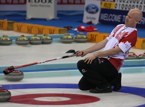 Kevin Koe's Canadian fell short to Japan at the World Men's Curling Championship on Sunday. (Photo, World Curling Federation/Richard Gray)