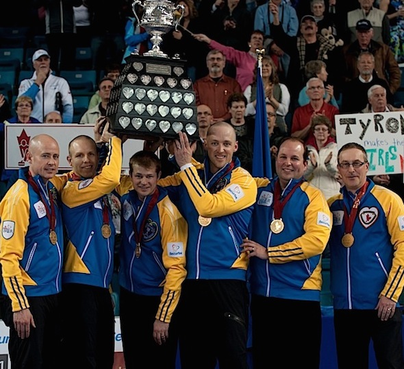 Team Canada, from left, Kevin Koe, Pat Simmons, Carter Rycroft, Nolan Thiessen, Jamie King and John Dunn. (Photo, CCA/Michael Burns)