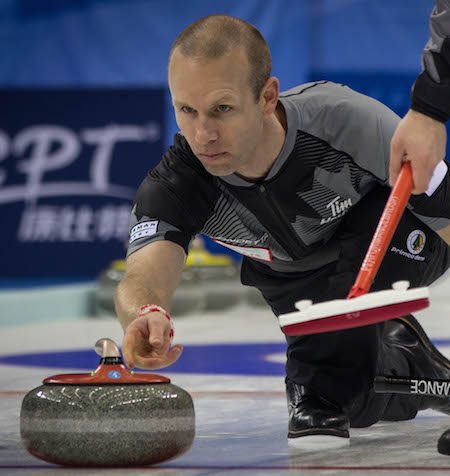 Team Canada vice-skip Pat Simmons takes aim on Monday.  (Photo, World Curling Federation/Richard Gray)