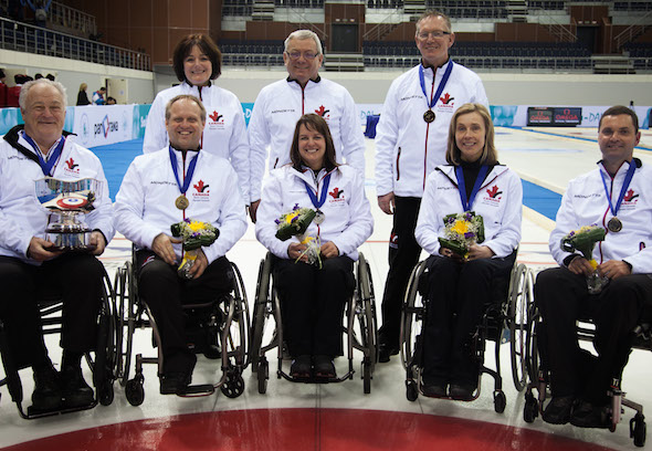 Canada's team for the Paralympic Winter Games, from left, front, skip Jim Armstrong, vice-skip Dennis Thiessen, second Ina Forrest, lead Sonja Gaudet, alternate Mark Ideson. Back row, team leader Wendy Morgan, assistant coach Wayne Kiel, head coach Joe Rea. (Photo, World Curling Federation)