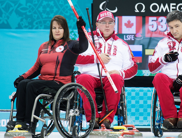 Sochi, RUSSIA - Mar 8 2014 -  Ina Forrest celebrates winning an end as Canada takes on Russia in Wheelchair Curling during the 2014 Paralympic Winter Games in Sochi, Russia.  (Photo: Matthew Murnaghan/Canadian Paralympic Committee)
