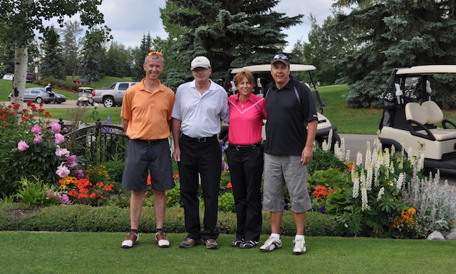 Ralph Maclean (Volunteer of the Year award winner), Greg Empson and Karen Gordulic (long-time directors on the Sherwood Park Board), and club manager Dan Girard pose during the Chamber of Commerce golf tournament in which the curling club hosts a hole (Photo courtesyDan Girard)