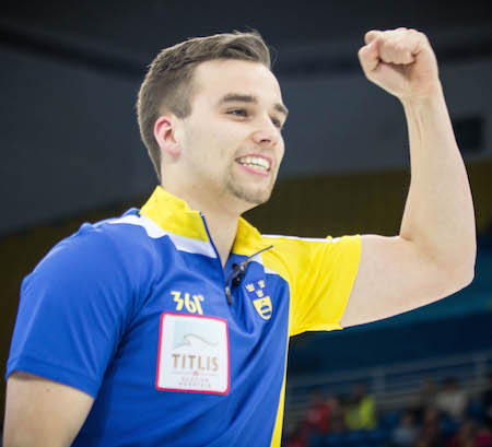 Swedish skip Oskar Eriksson celebrates his semifinal win.  (Photo, World Curling Federation / Céline Stucki)