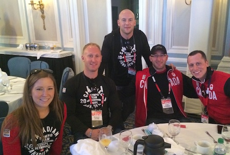 Canadian Olympic gold-medal curlers, from left, Kaitlyn Lawes, Brad Jacobs, Ryan Fry, Ryan Harnden and E.J. Harnden get ready for their school visits on Thursday in Calgary. (Photo, CCA)