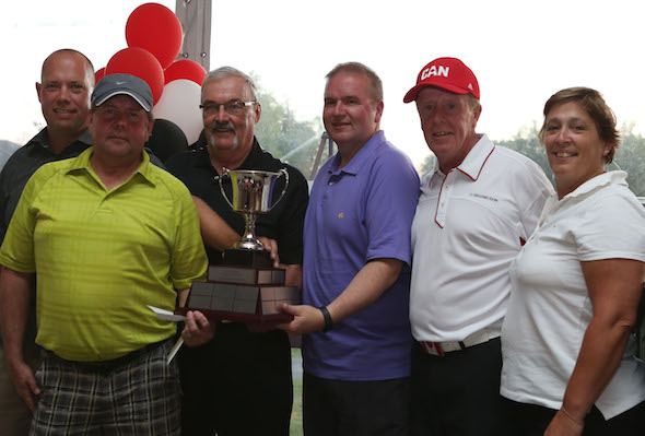 The winners of the inaugural Swing & Sweep Golf Tournament, presented by Pinty's,  Ian Gollert, Garry Guinard, Tim Jones and Jim Steele are joined by CCA Board of Governors Chair Hugh Avery and Board member Marilyn Neily. (Photo, CCA/Neil Valois)
